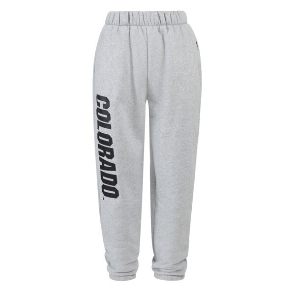 Gray sweatpants with Colorado written in bold black lettering alongside the right leg.